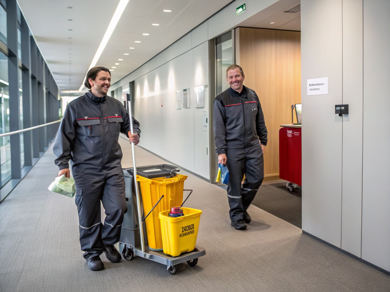 Zwei Reinigungskräfte mit Reinigungswagen in einem Bürogang