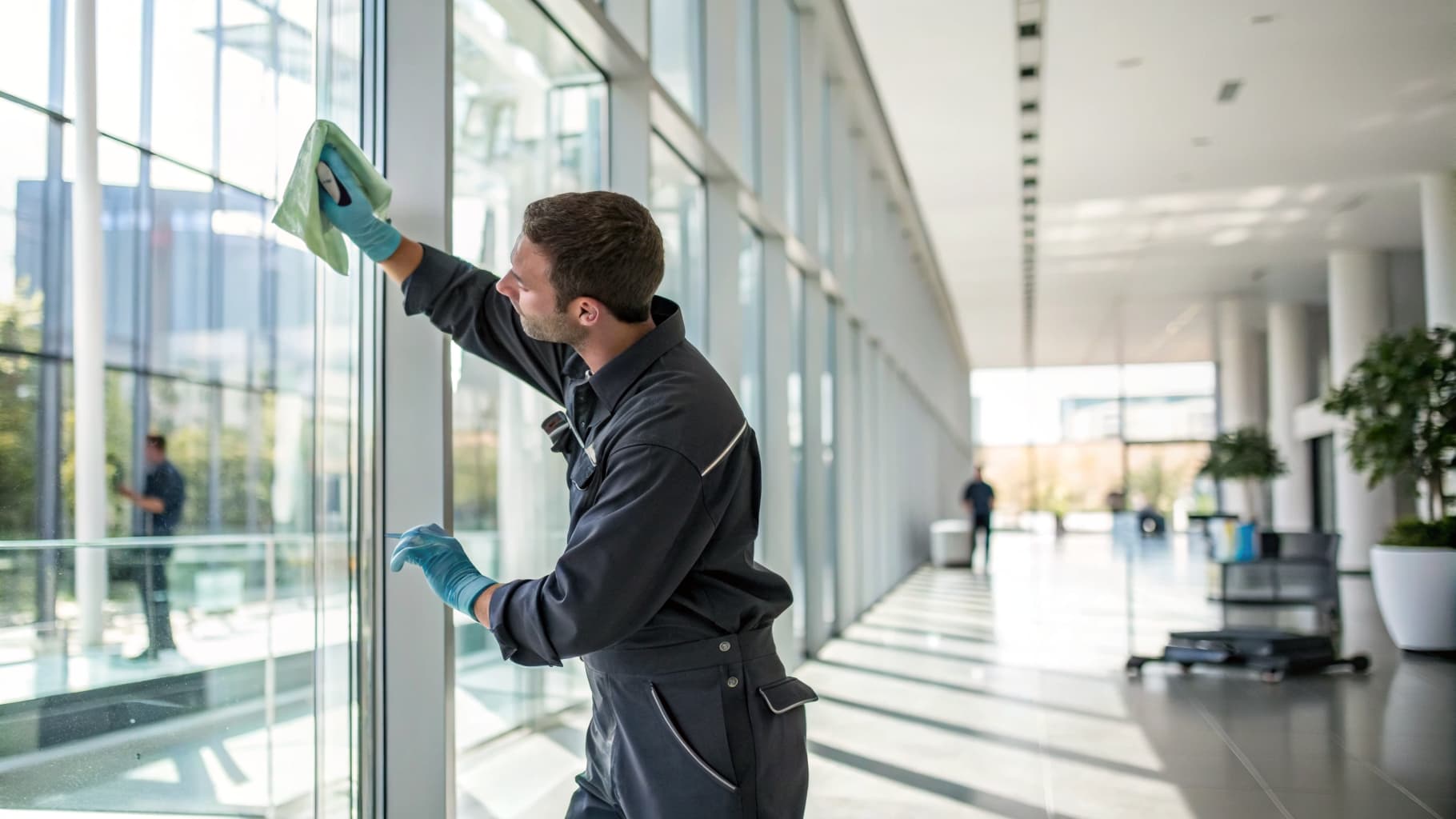 Reinigungskraft von Klarwerk reinigt die Glasfront einer Bürolobby